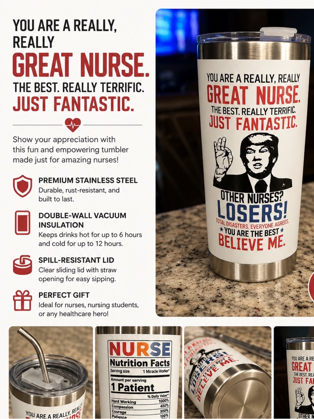 Funny trump Great Nurse Tumbler - Red & Black Text on White